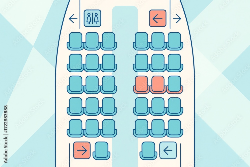Poster airplane seating layout with highlighted seats near restroom and exit signs in simplified graphic st