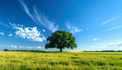 Solitary tree in a vast grassy field under a vibrant blue sky