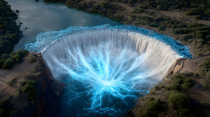 dam surrounded by lush greenery with digital holographic overlays showing energy flow