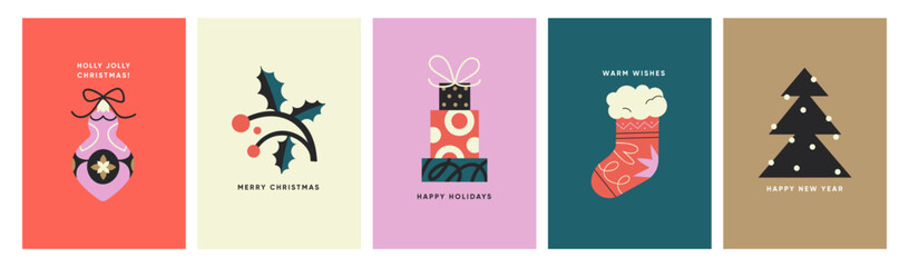 Merry Christmas posters set. Xmas cards with festive greeting typography. Winter holiday postcard designs with New Year gifts, noel sock, bauble, ornament and fir tree. Flat vector illustration set