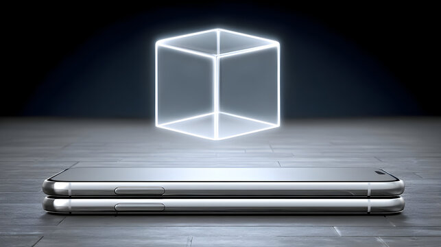 gadget with futuristic glowing screen floating in mid air