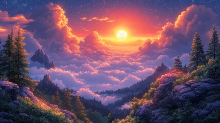 Panoramic view of dramatic sunset with vibrant colors and ethereal clouds