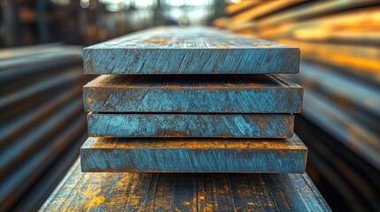 Stacked metal sheets with a distinctive blue hue, industry and production