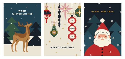 Merry Christmas and Happy New Year cards set. Festive Xmas posters with greeting typography. Winter holiday postcard designs with reindeer, baubles, Santa Claus and fir trees. Flat vector illustration