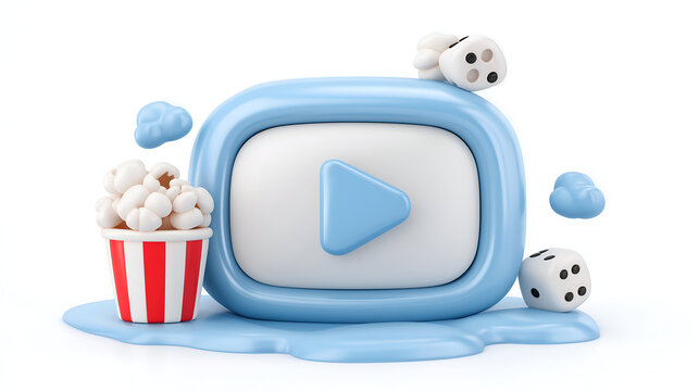 Play Button with Candy and Dice on White Background. Mock up promotion information for marketing announcements and details, blank white space. - Powered by Adobe