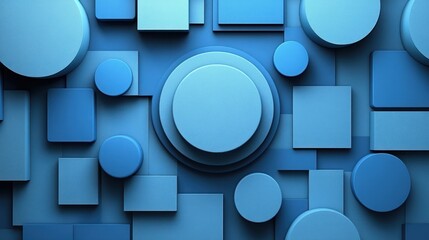 Abstract monochrome blue geometric shapes background with circles and squares