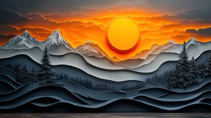 Layered paper landscape illustration with mountains, trees, and vibrant orange sun