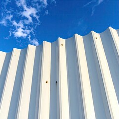 Obraz premium White corrugated metal wall against a vivid blue sky with scattered clouds