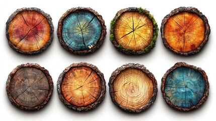 Collection of Colorful and Textured Tree Stump Cross-Sections on White