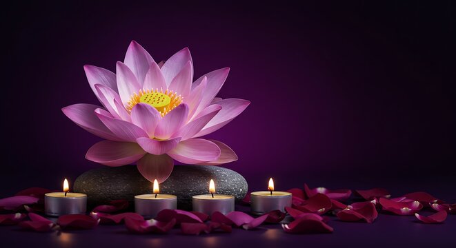 A pink lotus flower on a rock with four candles and scattered petals on a purple background scene