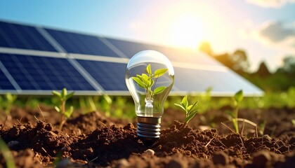 A clear lightbulb with a small plant inside, situated in the ground, in front of solar panels under a bright sky