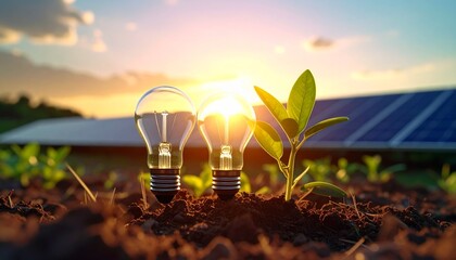Sunlight illuminates two light bulbs and a sprout growing from soil with solar panels in the background