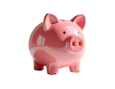 A shiny, light-pink piggy bank, slightly angled, with a coin slot and simple facial features against a black background