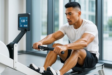 Focused athlete training on rowing machine indoors in bright gym environment with modern background and natural light concept for fitness goals. Ai generative