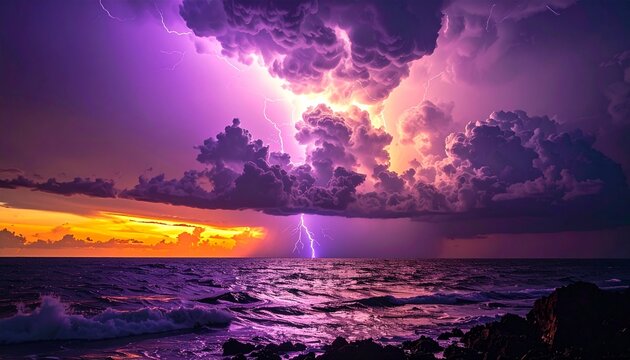 Dramatic storm clouds over the ocean at sunset