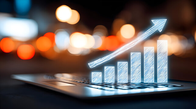 gadget glowing with holographic charts in futuristic office environment