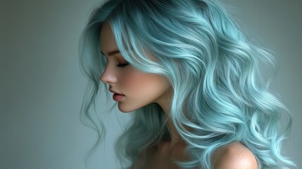 Elegant beauty portrait with stunning blue hair in a studio setting