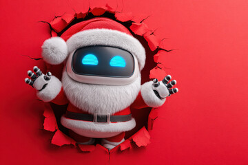 A festive robot santa breaking through a red wall with glowing blue eyes and robotic hands waving out