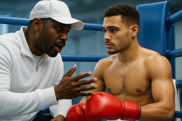 Boxing coach giving intense advice to focused boxer with red gloves in training ring, close-up scene on blue background with soft light effect. Ai generative