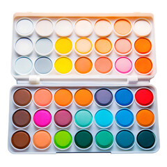 Open Watercolor Paint Palette with 42 Colors and Brush artist isolated on a transparent background