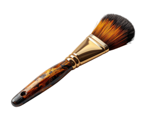 A high-quality artist's brush with a flared, dark-tipped, amber-toned bristle head, a gold ferrule, and a dark, marbled wooden handle, isolated on black