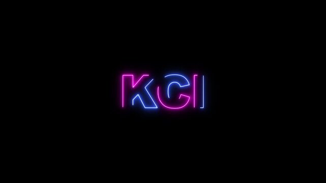 Neon blue and pink KCL chemical formula glowing on black background potassium chloride science
