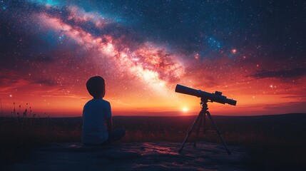 Young stargazer contemplating the cosmos with a telescope at dusk