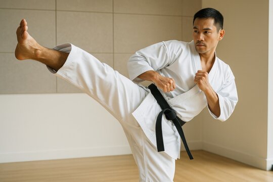 Focused martial artist performing high kick in white uniform with black belt on indoor background, showcasing strength and discipline in sport. Ai generative