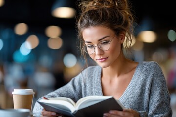 Woman reading a book in cafe
