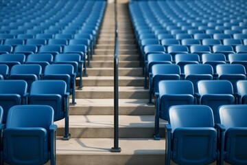 Empty blue stadium seats in rows under daylight with a central stairway and railing, forming a symmetrical sport background concept. Ai generative