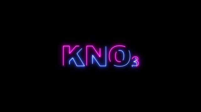 Neon blue and pink KN O3 chemical formula glowing on black background KNO3 potassium nitrate