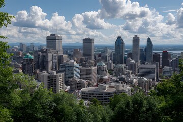 Fototapeta premium Winter panoramic view of downtown Montreal skyline with snow-covered buildings and clear blue sky