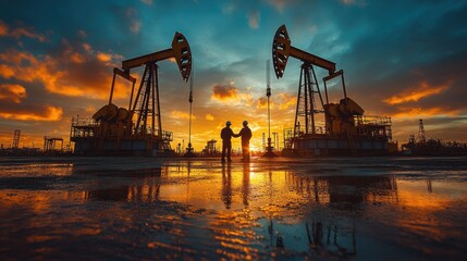 Dramatic sunset silhouette of oil workers shaking hands at a rig site