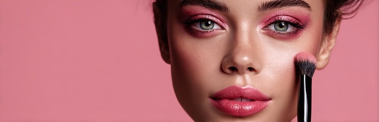 Naklejka premium Glamorous female portrait with colorful eye shadow, lipstick, and makeup brush on pink backdrop, ideal for beauty, fashion, and cosmetic promotional design