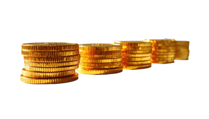 Four stacks of shiny gold coins, decreasing in height from left to right, set against a black background