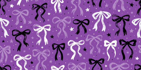 Pattern with bows. Halloween bow seamless print. Cute ribbon coquette vector. Black violet purple crayon Halloween background. Fall girly bg design. Hand drawn brush texture. Spooky kid wrapping paper
