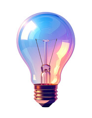 A vibrant, iridescent light bulb glows with pastel blue, pink, and orange hues, its filament clearly visible against the translucent glass
