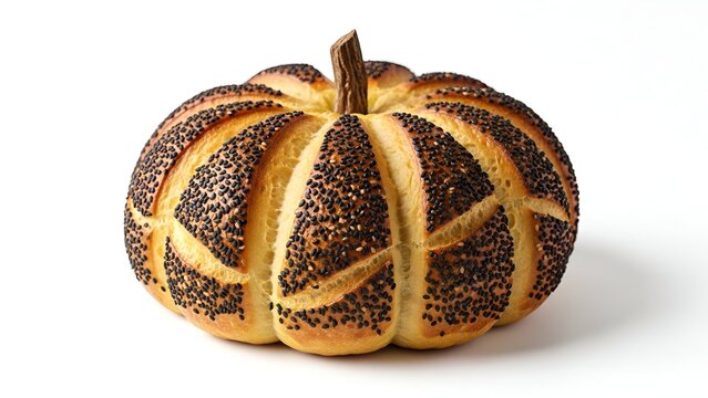 Rustic pumpkin-shaped bread roll, beautifully scored with cracks and generously covered in black sesame seeds, presented on a pristine white background, perfect for a culinary display