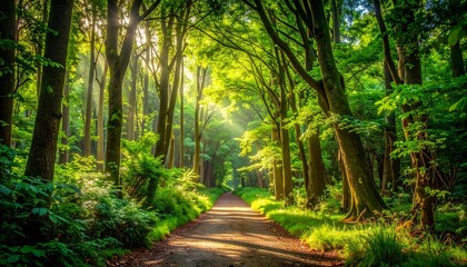 Sunlit forest path. Lush greenery and sunlight streaming through trees