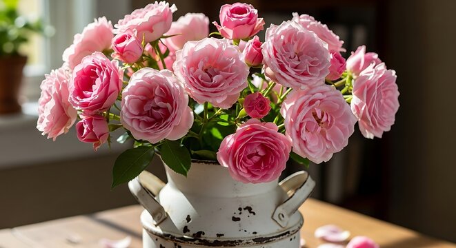 Charming bouquet of pink roses in a vintage white vase.