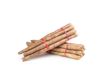 Fresh Chinese Yam Sticks Bundled with Red Bands White Background Henan Traditional Root Vegetable
