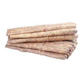 Fresh Chinese Yam Sticks Bundle with Iron Wire Ties on White Background