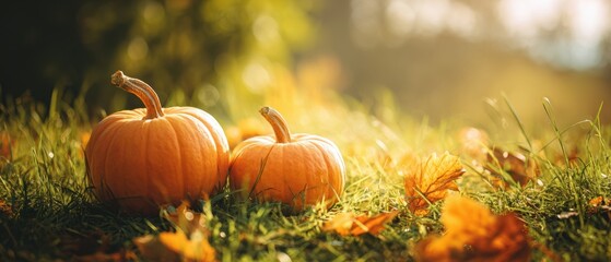 The vibrant pumpkins resting on the grass in a warm autumn setting.