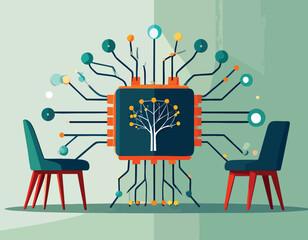 Abstract illustration of a neuromorphic chip representing a tree, with two chairs facing it, symbolizing artificial intelligence and its impact on decision-making and future innovation