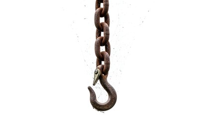 Rusty industrial metal chain with a sturdy iron hook and subtle spider web, isolated against a clean white background, conveying vintage strength and durability