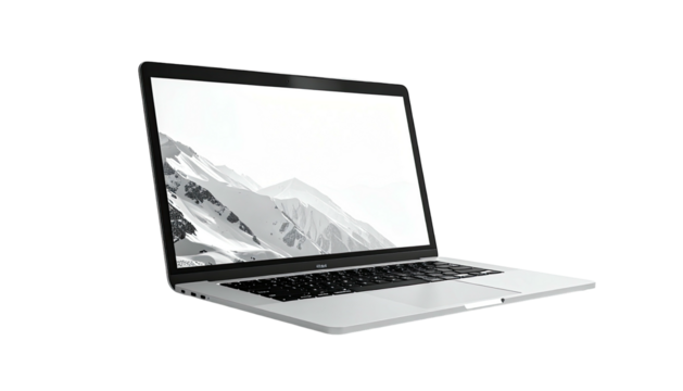 Sleek silver laptop angled left, displaying a minimalist grayscale mountain landscape on its screen