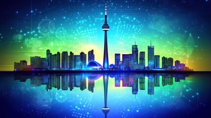 Futuristic Toronto skyline reflecting in digital water landscape