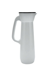 Tall, slender, white pitcher with a single handle and a dark gray lid.  Simple, minimalist design