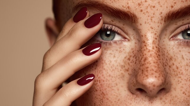Close-up of a young Caucasian woman with red hair and freckles. She has long, manicured burgundy nails and is gently touching her face.
