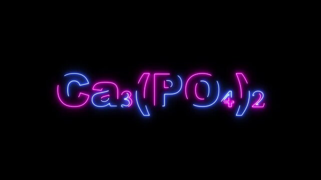 Neon glowing chemical formula Ca3( P O4)2 on black background Ca3(PO4)2 calcium phosphate